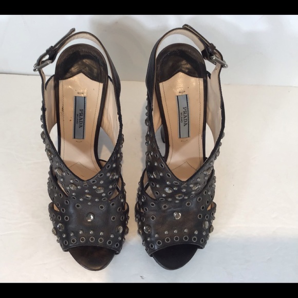 PRADA CALZATURE DONNA LEATHER HEELS STUDDED GROMMETS W/BOX BRW/BLK EUR 38 US 8 - Picture 5 of 16